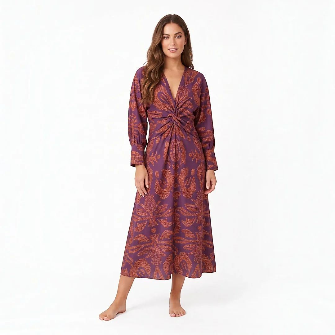 Medallion Print Twist-Front Midi Dress in Purple