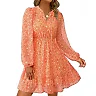 Floral V-Neck Mini Dress, Long Sleeves