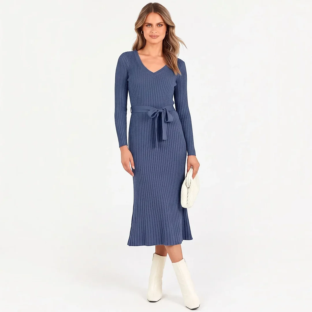 Rib Knit V-Neck Sweater Dress in Blue