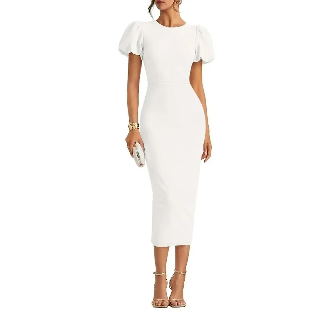 Stretch Knit Bodycon Midi Dress in White