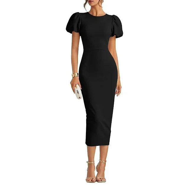 Stretch Knit Bodycon Midi Dress in Black