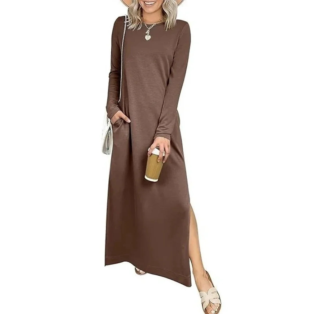 Crew Neck Maxi Dress in Brown