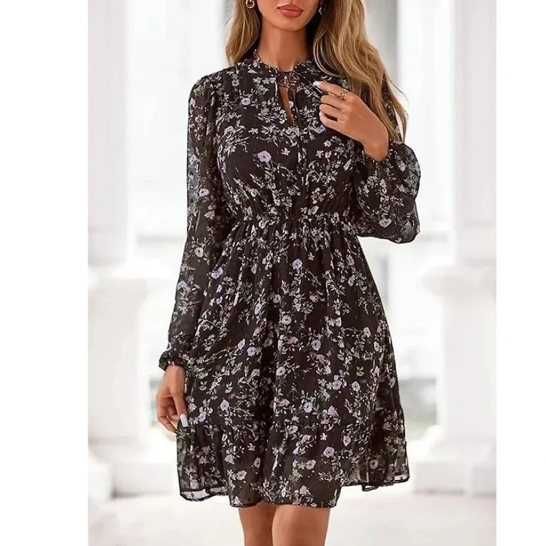 Floral V-Neck Mini Dress in Coffee