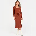 Rib Knit V-Neck Sweater Dress in Rust