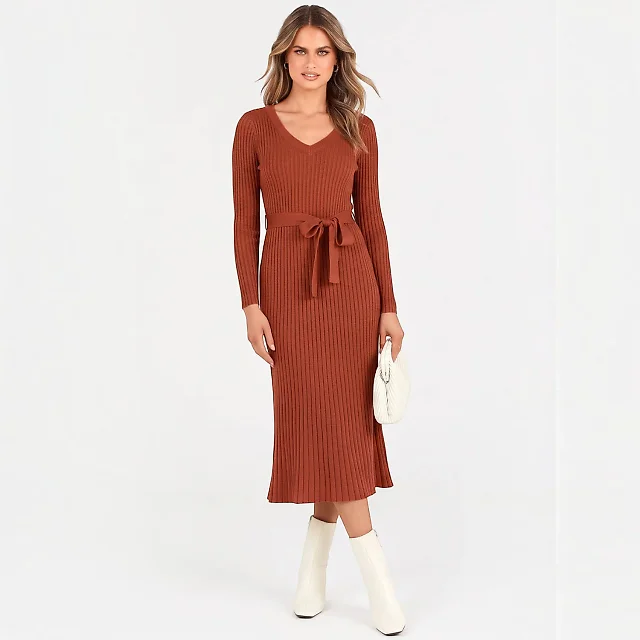 Rib Knit V-Neck Sweater Dress in Rust