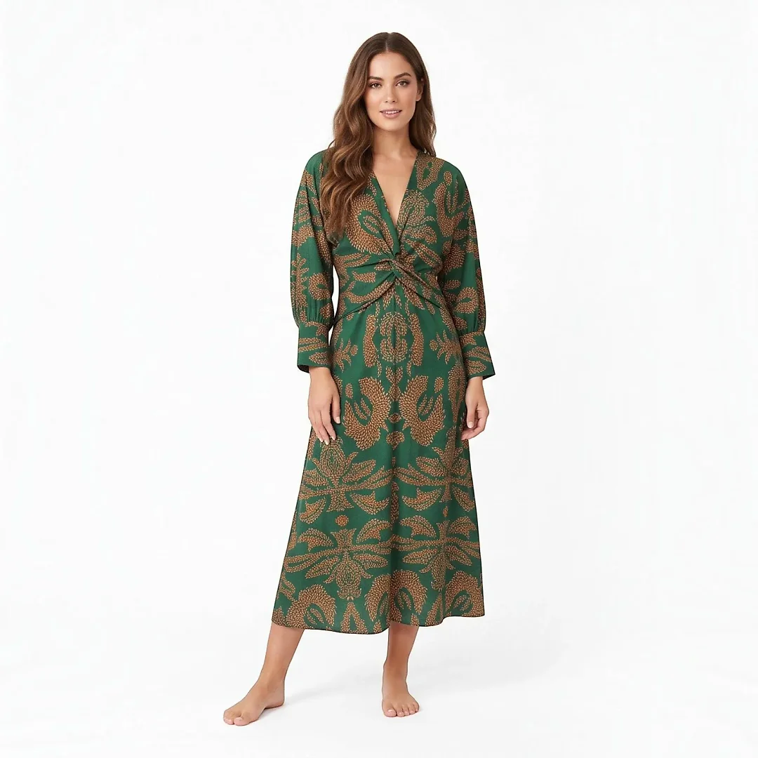 Medallion Print Twist-Front Midi Dress in Green