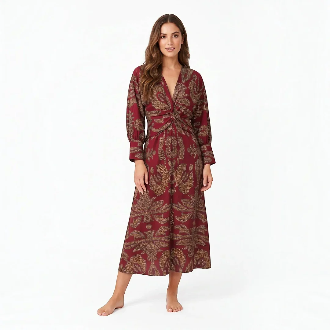 Medallion Print Twist-Front Midi Dress in Burgundy
