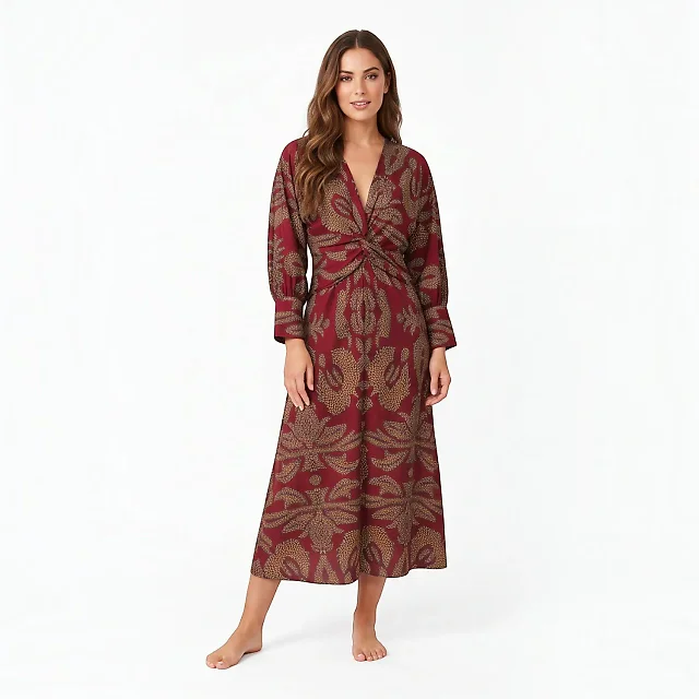 Medallion Print Twist-Front Midi Dress in Blue