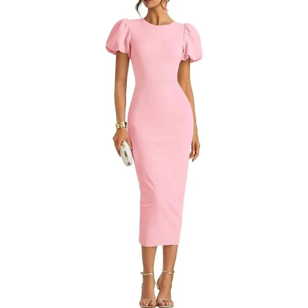 Stretch Knit Bodycon Midi Dress in Pink
