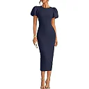 Stretch Knit Bodycon Midi Dress in Navy Blue