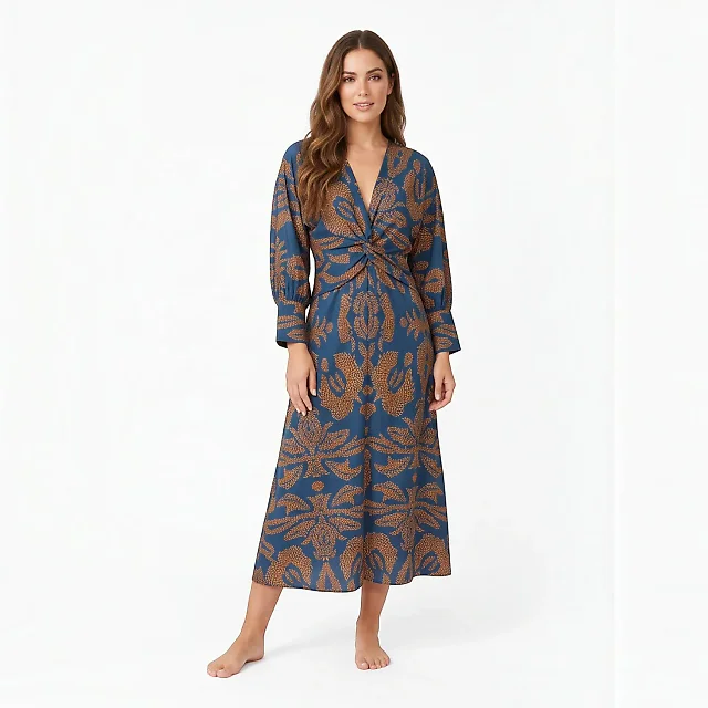 Medallion Print Twist-Front Midi Dress in Blue