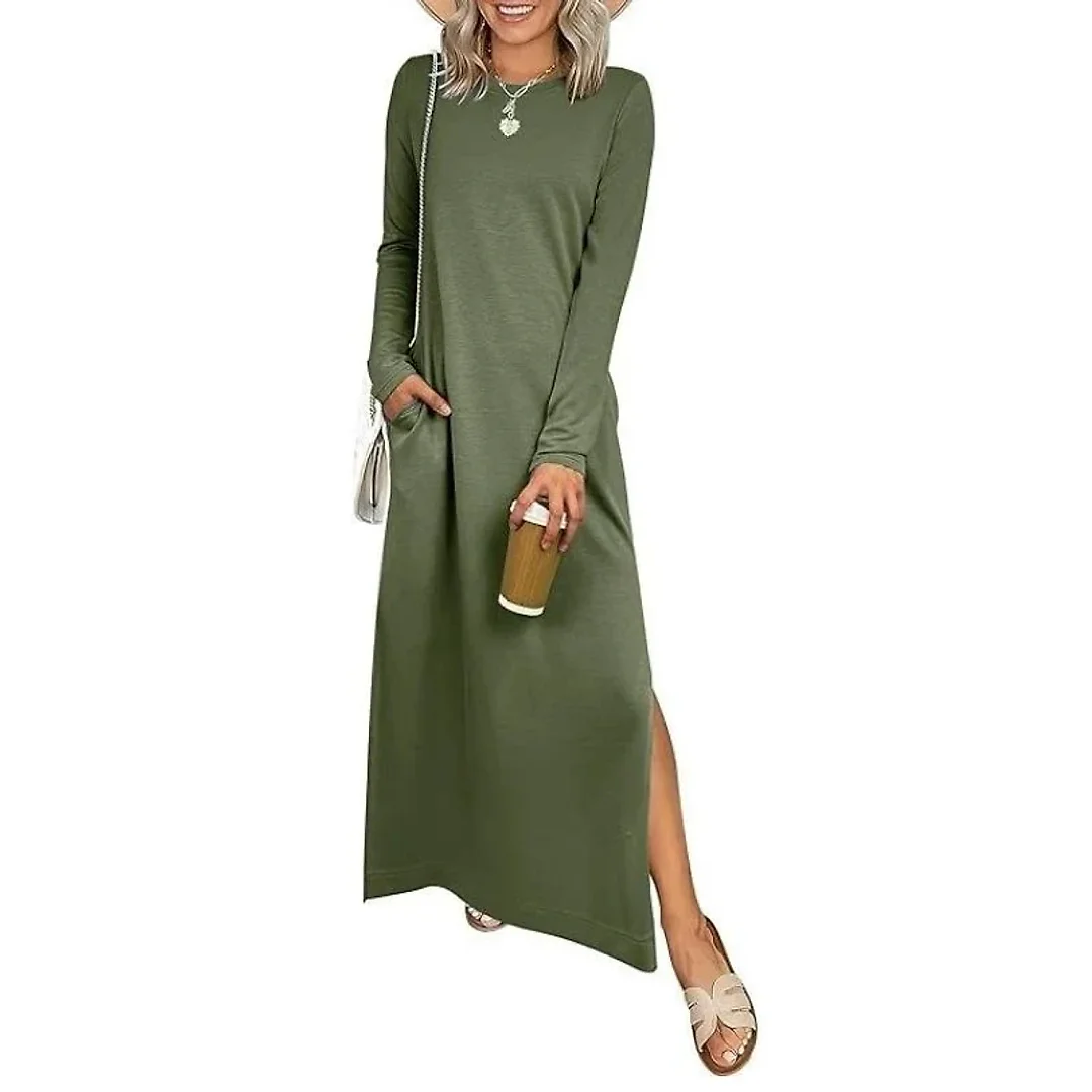 Crew Neck Maxi Dress in Army Green