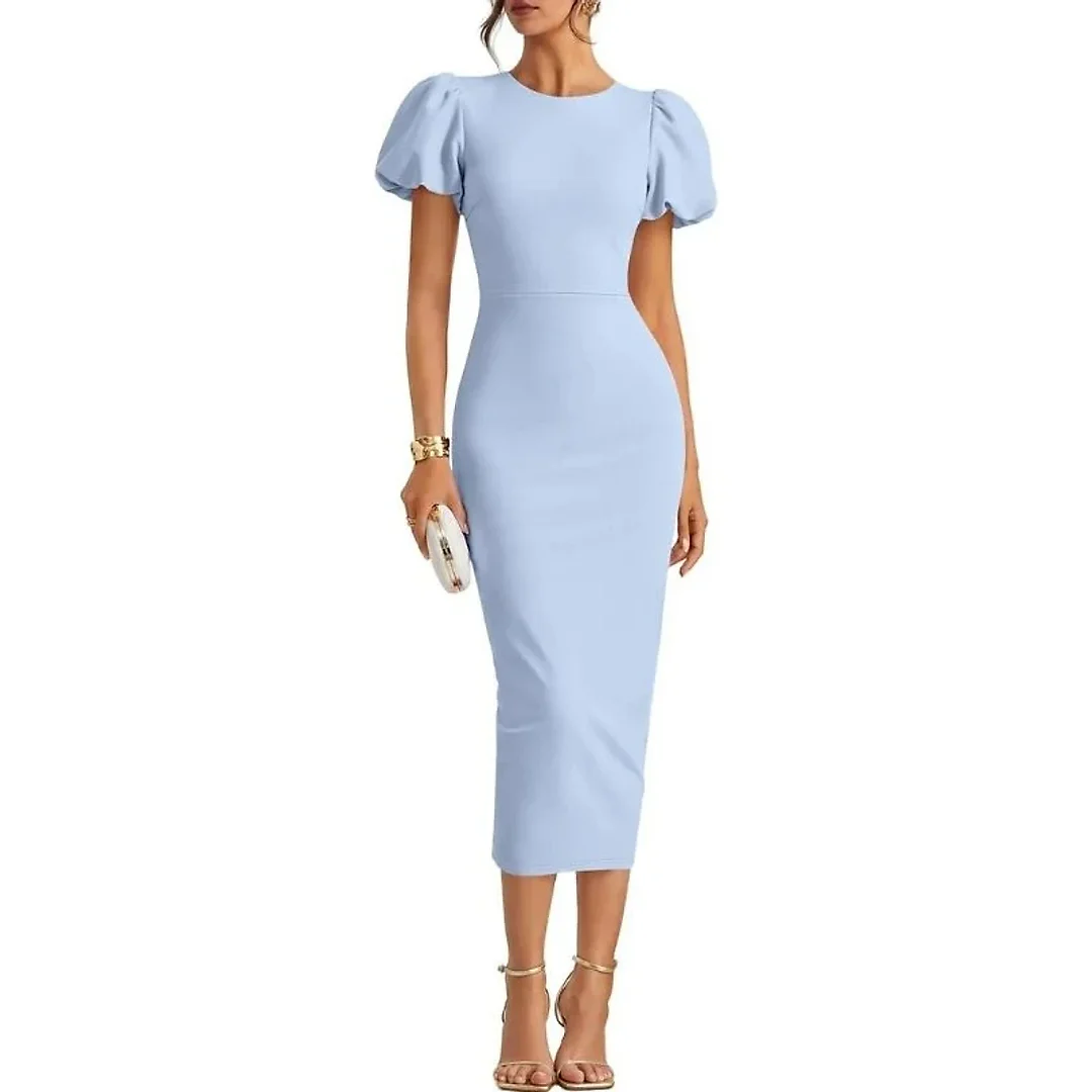 Stretch Knit Bodycon Midi Dress in Light Blue