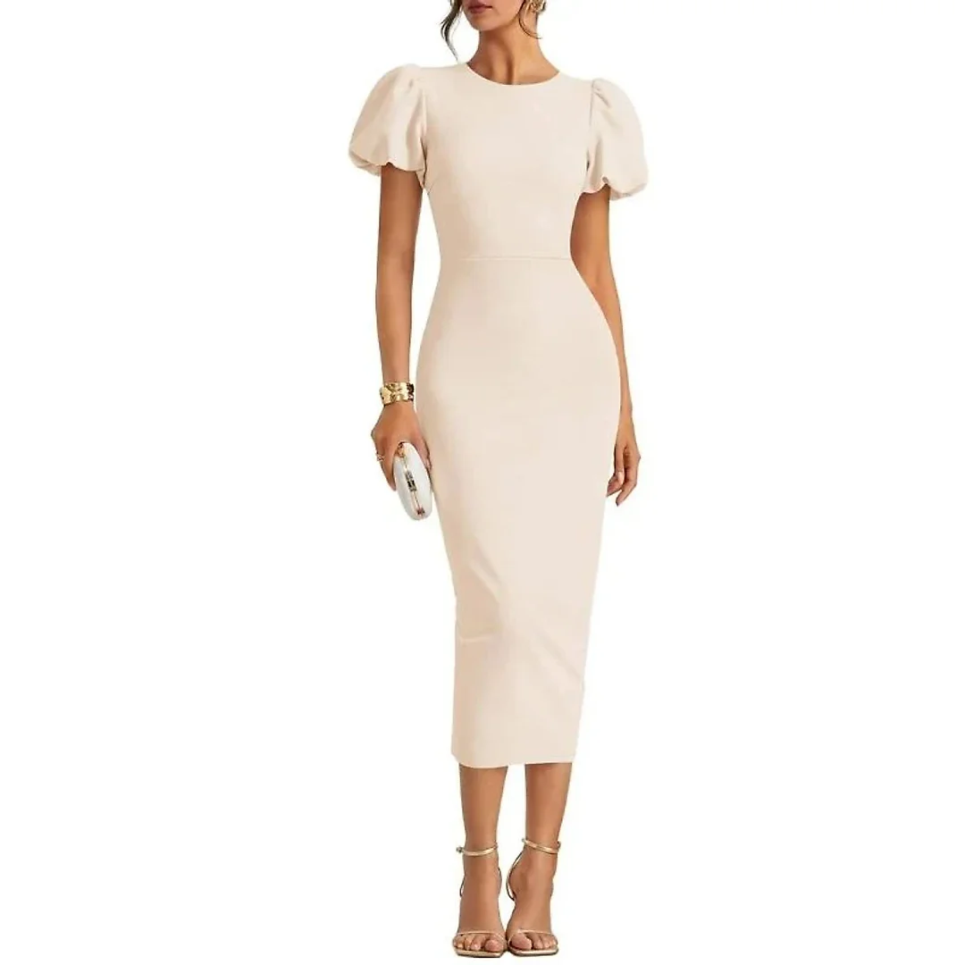 Stretch Knit Bodycon Midi Dress in Cream