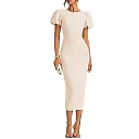 Stretch Knit Bodycon Midi Dress in Cream
