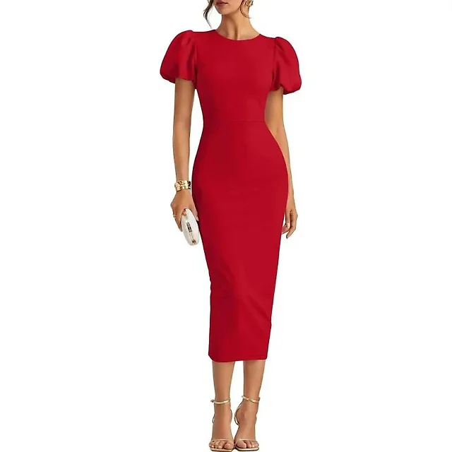 Stretch Knit Bodycon Midi Dress in Black
