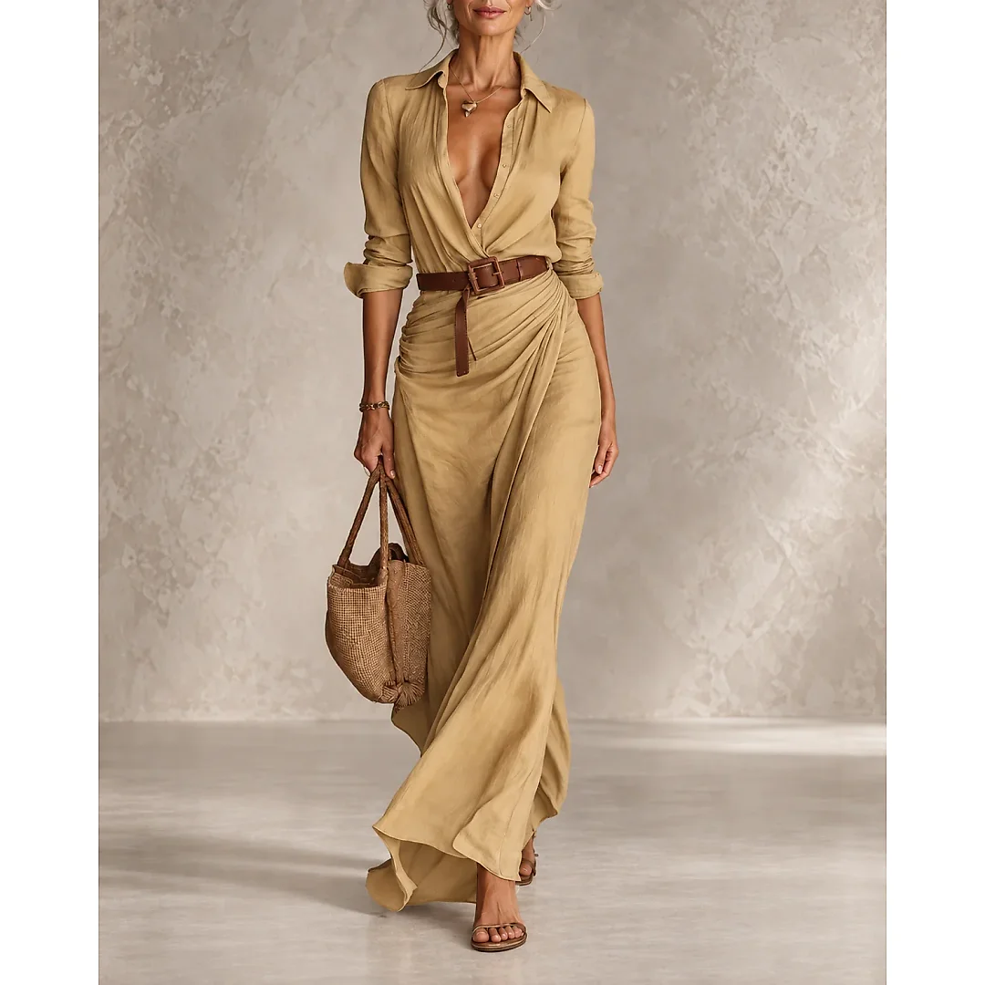 Belted Wrap Maxi Dress in Khaki
