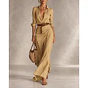 Belted Wrap Maxi Dress in Khaki
