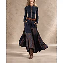 Belted Patchwork Maxi Dress in Navy Blue