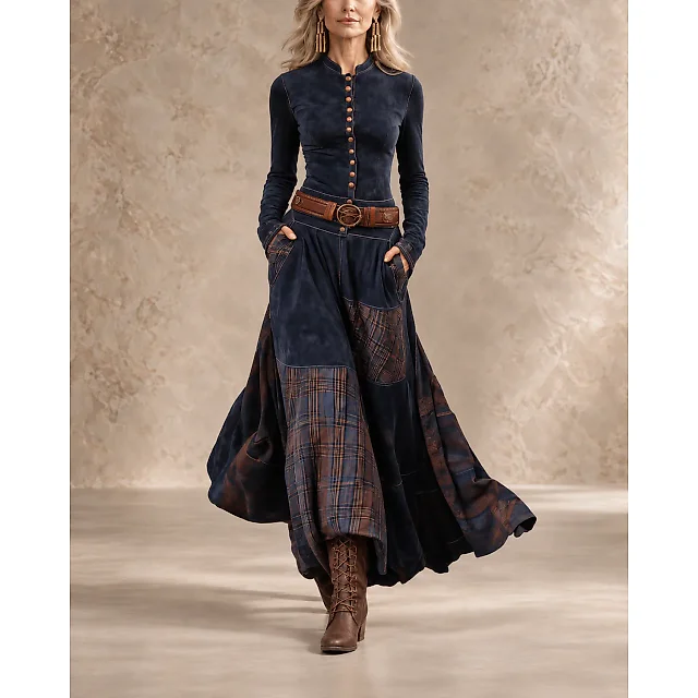 Belted Patchwork Maxi Dress in Navy Blue