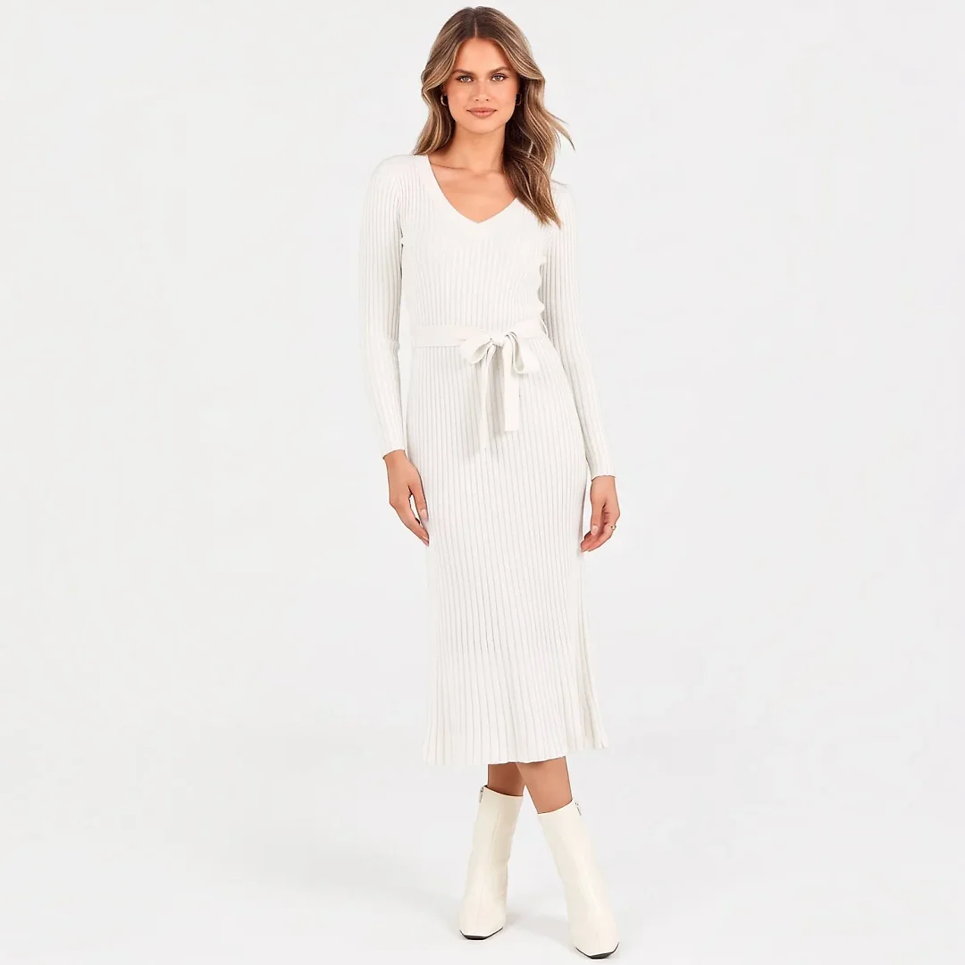 Rib Knit V-Neck Sweater Dress in White