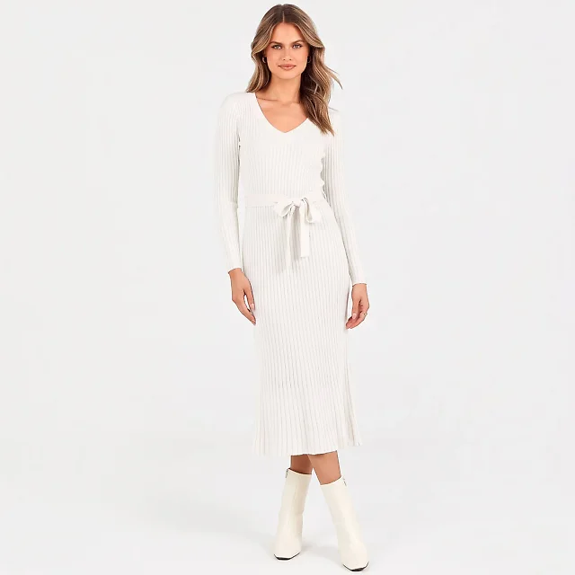Rib Knit V-Neck Sweater Dress in Rust