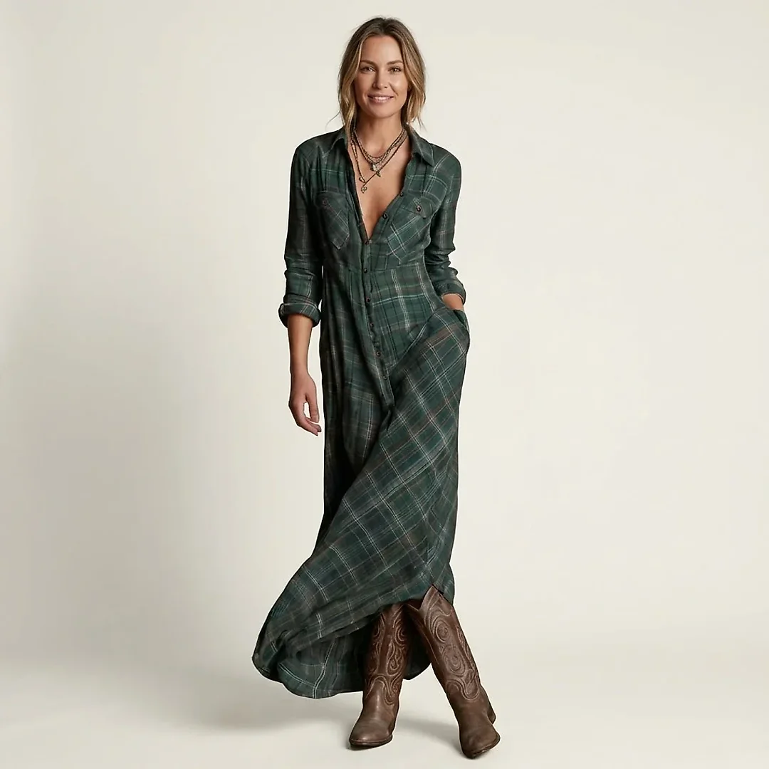 Plaid Maxi Shirt Dress in Green
