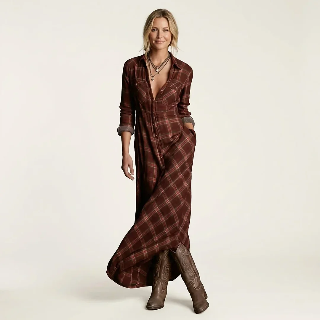 Plaid Maxi Shirt Dress in Burgundy