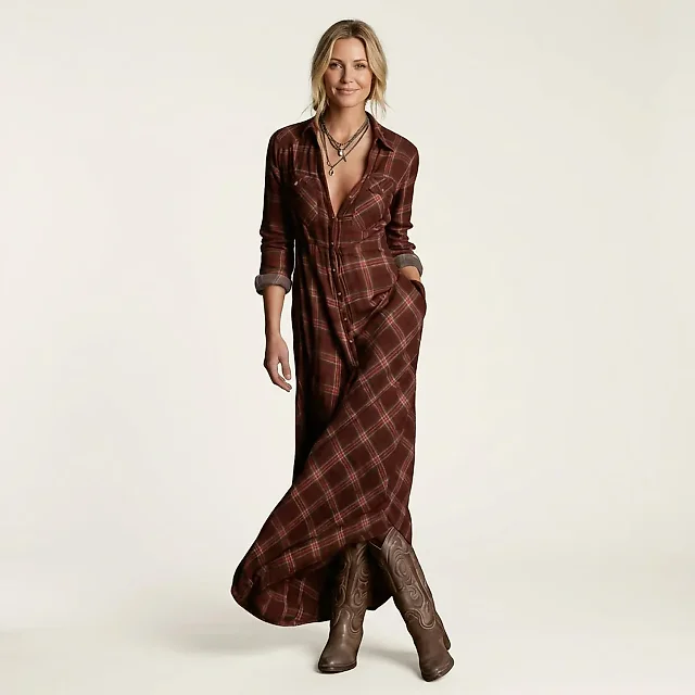 Plaid Maxi Shirt Dress in Green