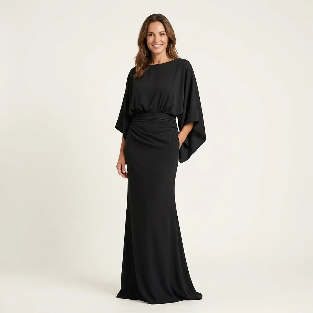 Satin-Finish Batwing Maxi Dress in Black