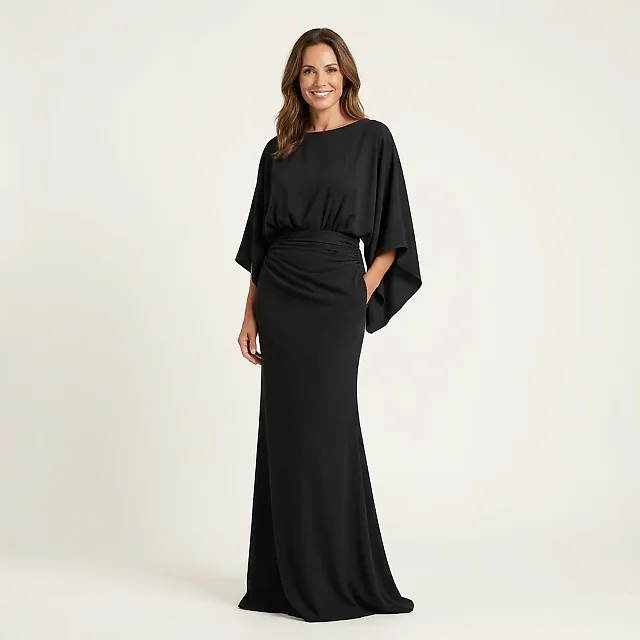 Satin-Finish Batwing Maxi Dress in Dark Blue