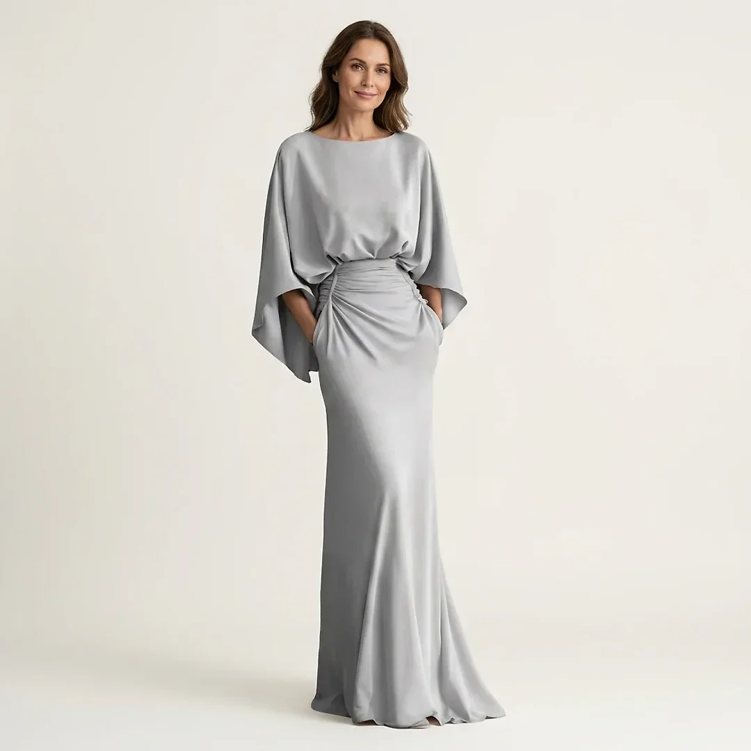 Satin-Finish Batwing Maxi Dress in Silver