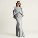 Satin-Finish Batwing Maxi Dress in Silver