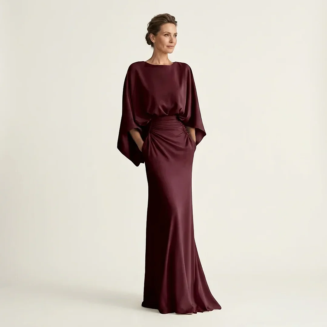 Satin-Finish Batwing Maxi Dress in Dark Red