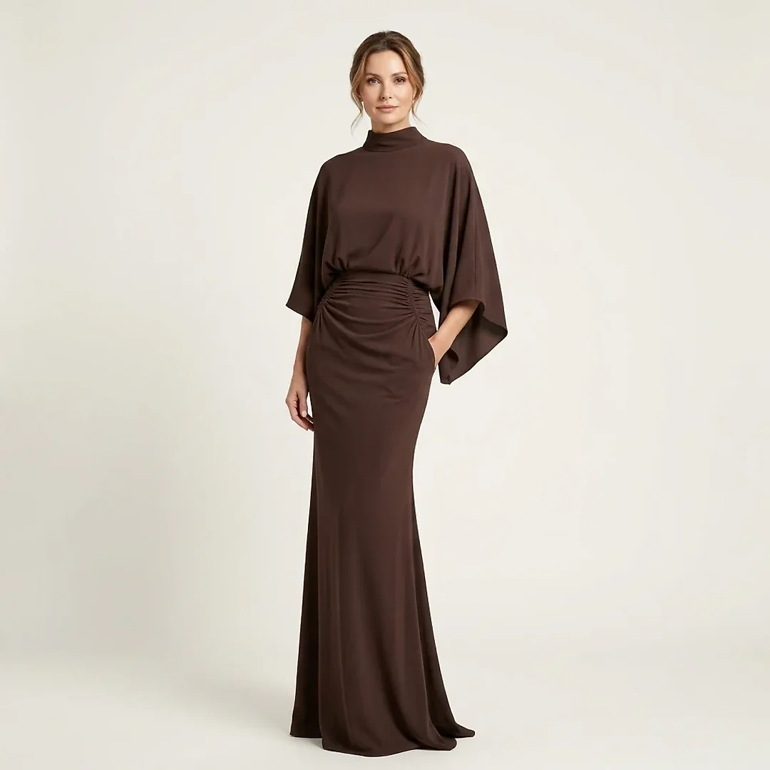 Satin-Finish Batwing Maxi Dress in Coffee