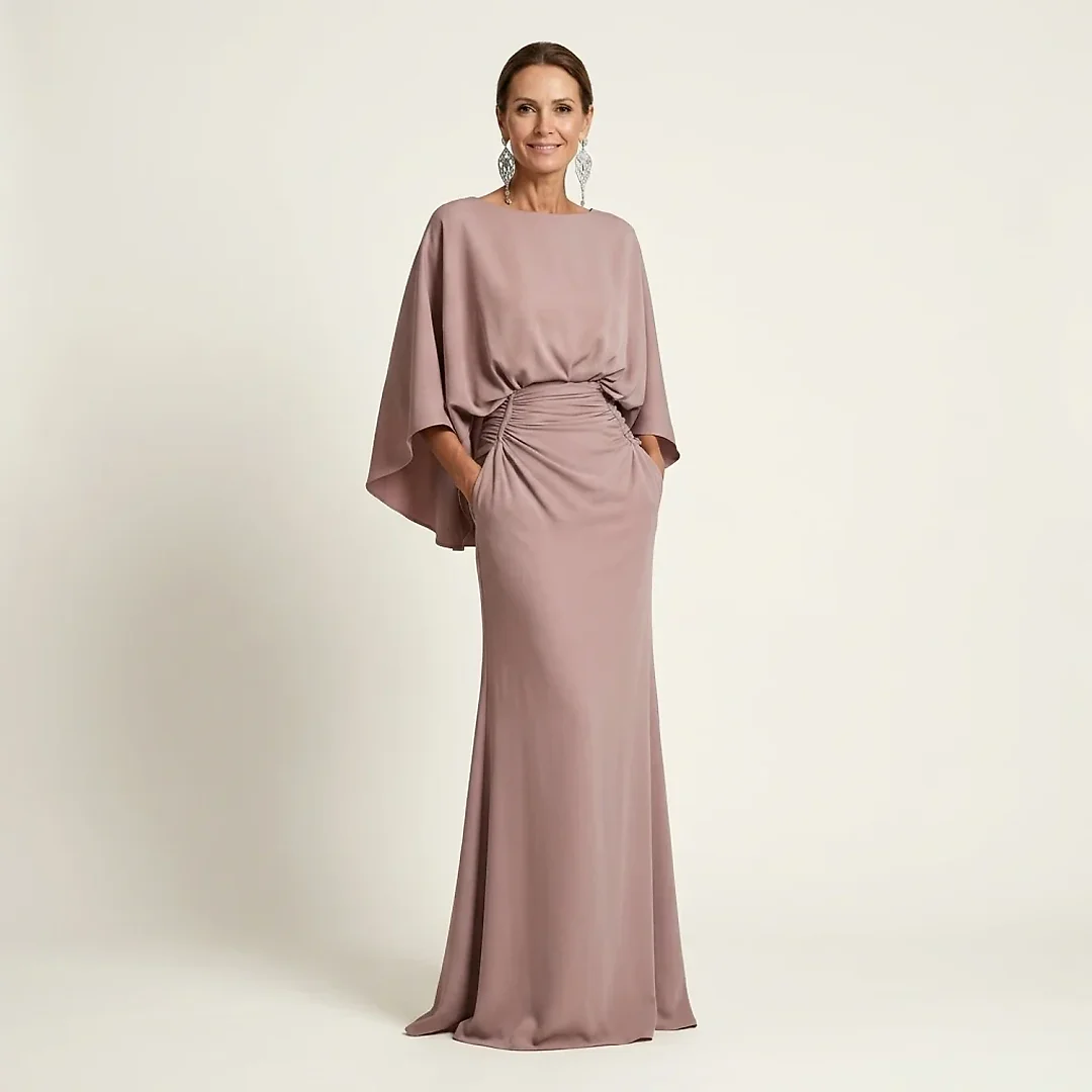 Satin-Finish Batwing Maxi Dress in Mauve