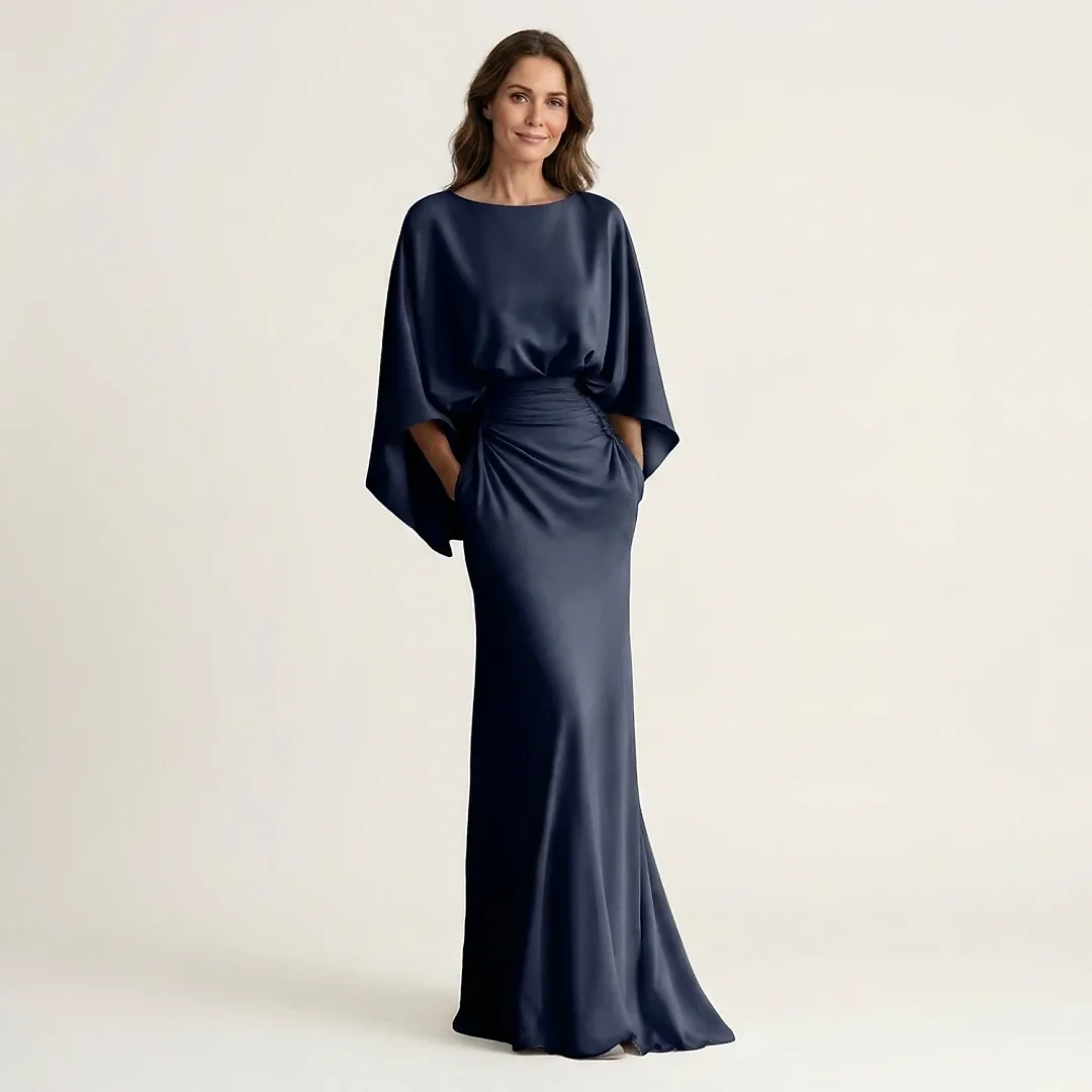 Satin-Finish Batwing Maxi Dress in Dark Blue