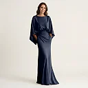 Satin-Finish Batwing Maxi Dress in Dark Blue