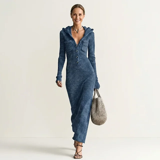 Hooded Rib Knit Maxi Dress in Blue