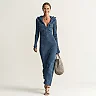 Hooded Rib Knit Maxi Dress, Button Placket