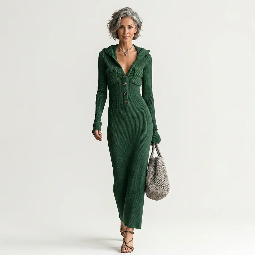 Hooded Rib Knit Maxi Dress in Green