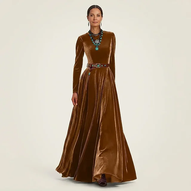 Velvet Pleated Maxi Dress in Brown