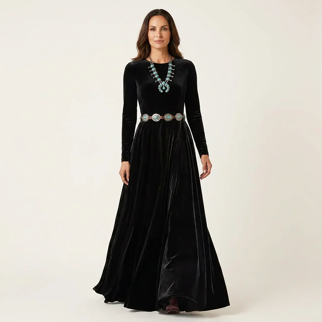 Velvet Pleated Maxi Dress in Black