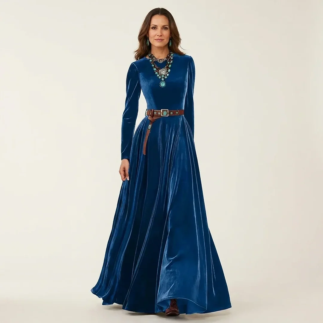 Velvet Pleated Maxi Dress in Blue