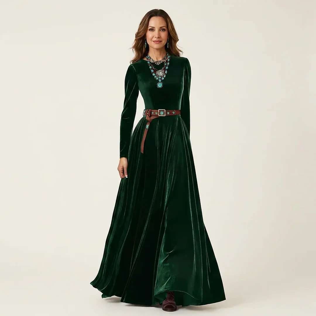 Velvet Pleated Maxi Dress in Green
