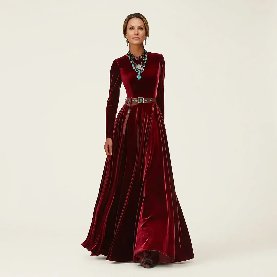 Velvet Pleated Maxi Dress in Wine Red