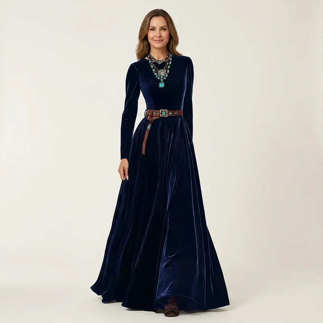 Velvet Pleated Maxi Dress in Dark Blue