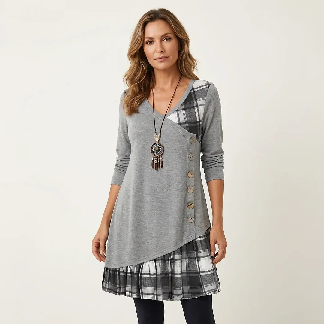 V-Neck Knit A-Line Dress in Gray