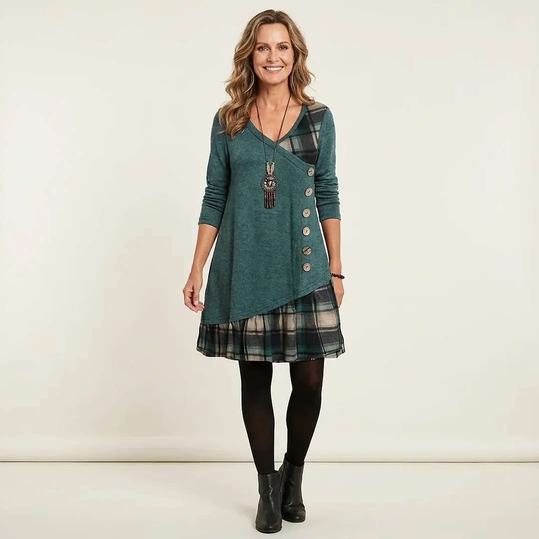 V-Neck Knit A-Line Dress in Teal