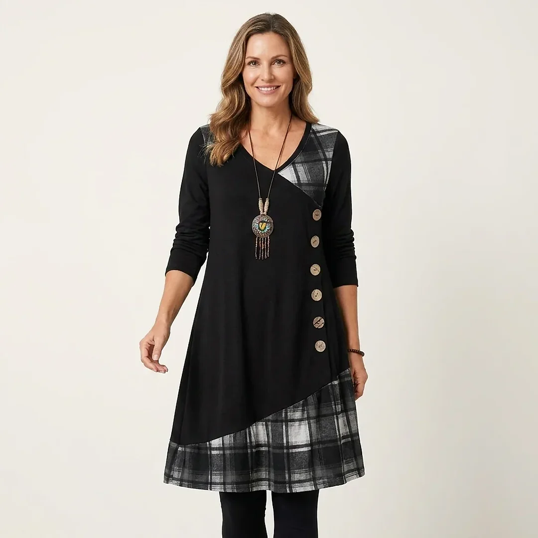 V-Neck Knit A-Line Dress in Black